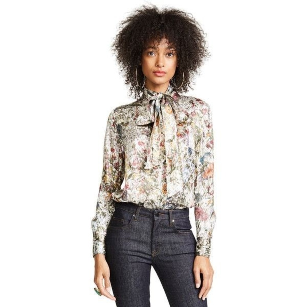 Tory Burch Vanessa Bow Top Womens 4 Floral Metallic Garden Wild Flower Silk